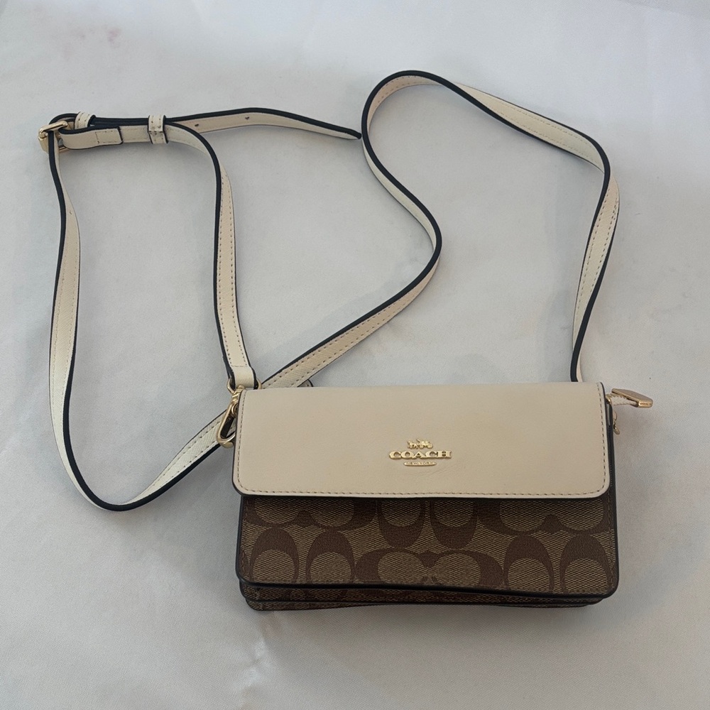 Coach Cream and Brown Signature Crossbody Bag